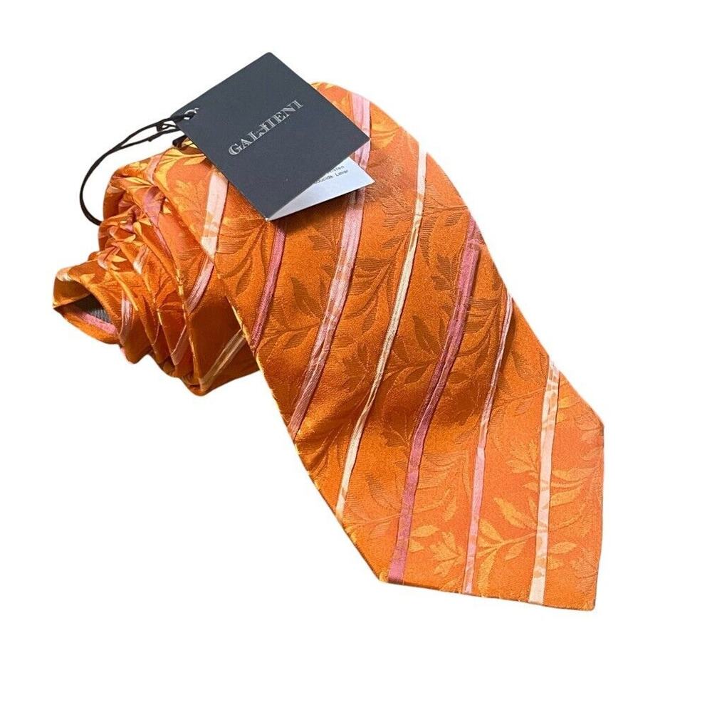 NWT Gallieni Modern Silk Neck Tie Italy Made Layered Striped & Floral Orange Men